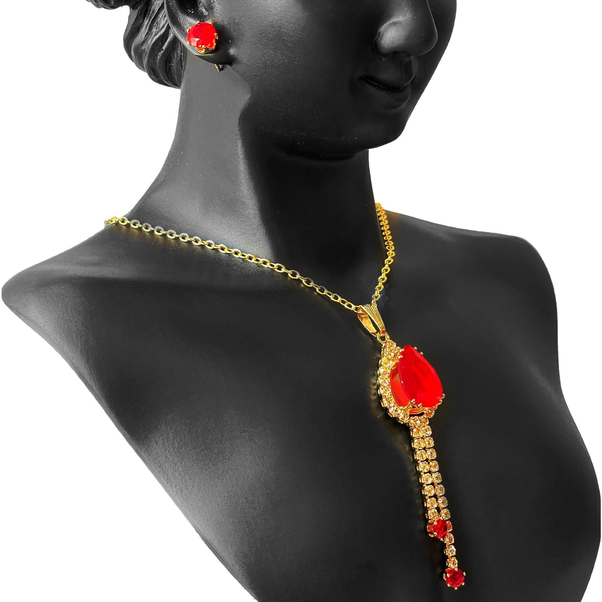 Earring and Necklace Fiery Ruby Crystal Cascade Jewelry Set