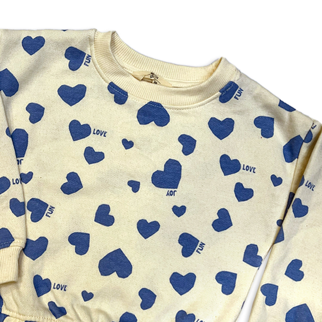 Kids' Pale Yellow  Branded Fleece Crewneck Sweatshirt with light Blue Heart Print