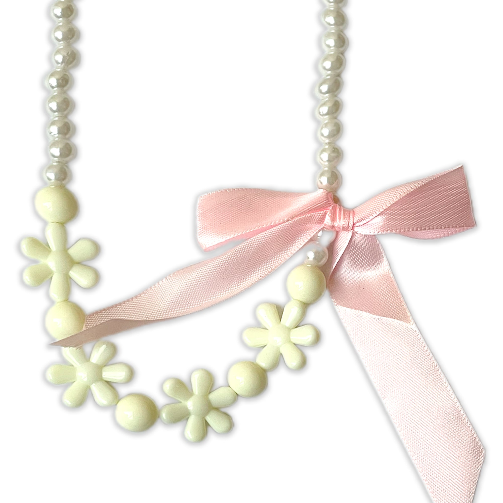 Children's Faux Pearl Necklace and Bracelet Set with Flowers and Bow