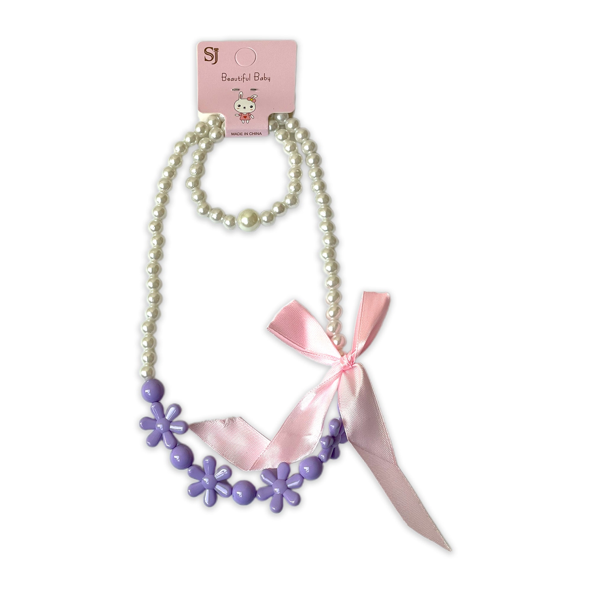Children's Faux Pearl Necklace and Bracelet Set with Purple Flowers and Pink Bow