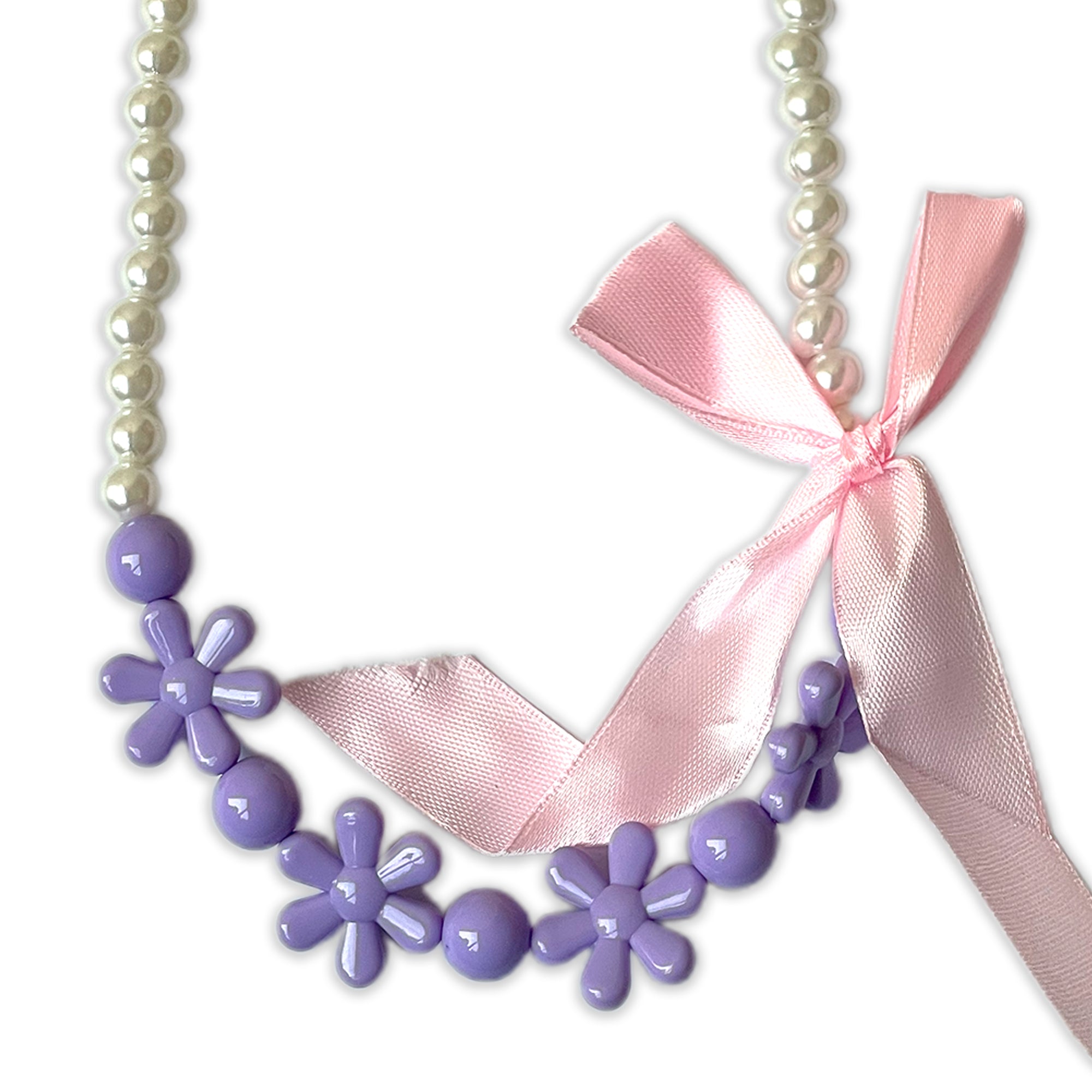 Children's Faux Pearl Necklace and Bracelet Set with Purple Flowers and Pink Bow