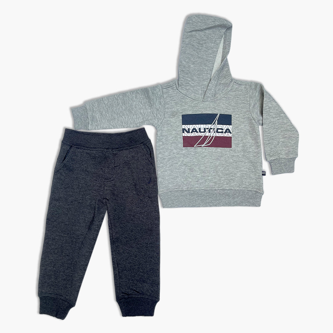 Nautica Toddler Heather Gray Hoodie & Charcoal Jogger Tracksuit Set | Color Block Logo