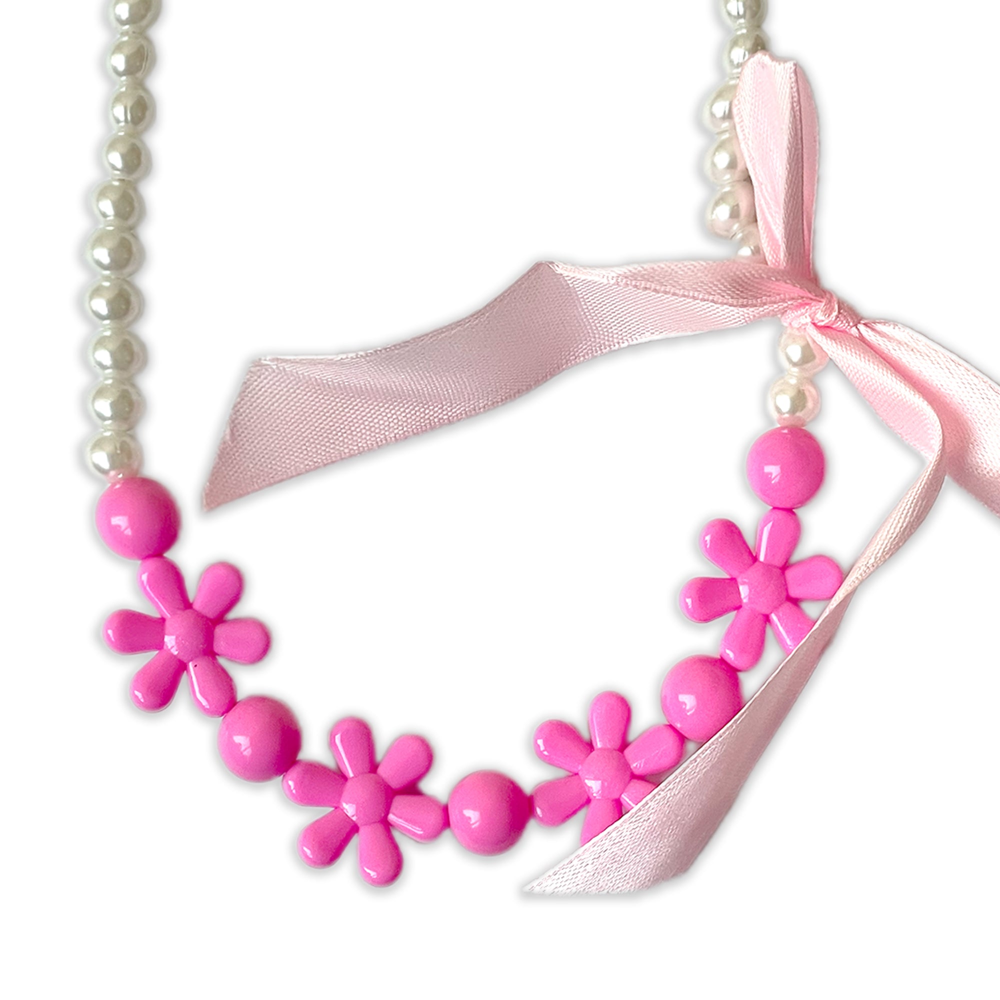 Children's Faux Pearl Necklace and Bracelet Set with Pink Flowers and Bow