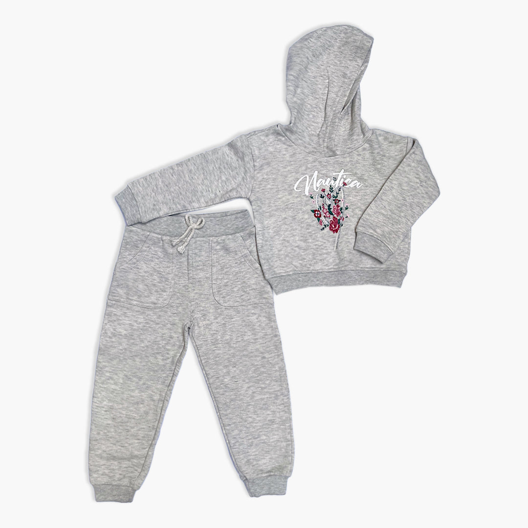 Nautica Girls' Heather Gray Floral Graphic Pullover Hoodie & Jogger Tracksuit Set