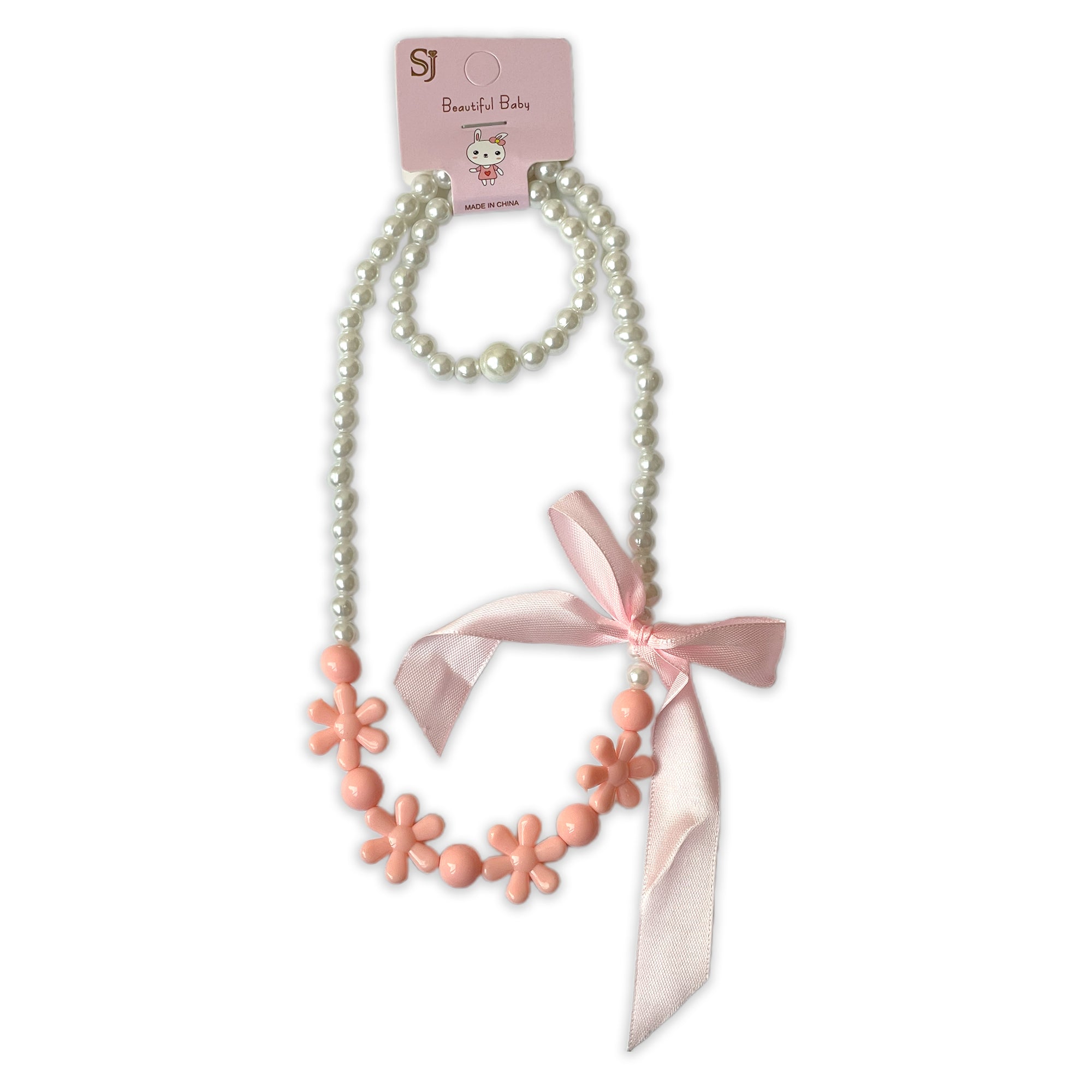 Children's Faux Pearl Necklace and Bracelet Set with Peach Flowers and Pink Bow