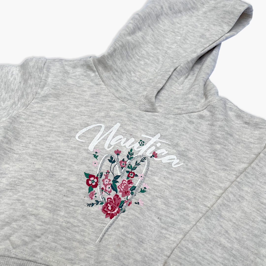 Nautica Girls' Heather Gray Floral Graphic Pullover Hoodie & Jogger Tracksuit Set