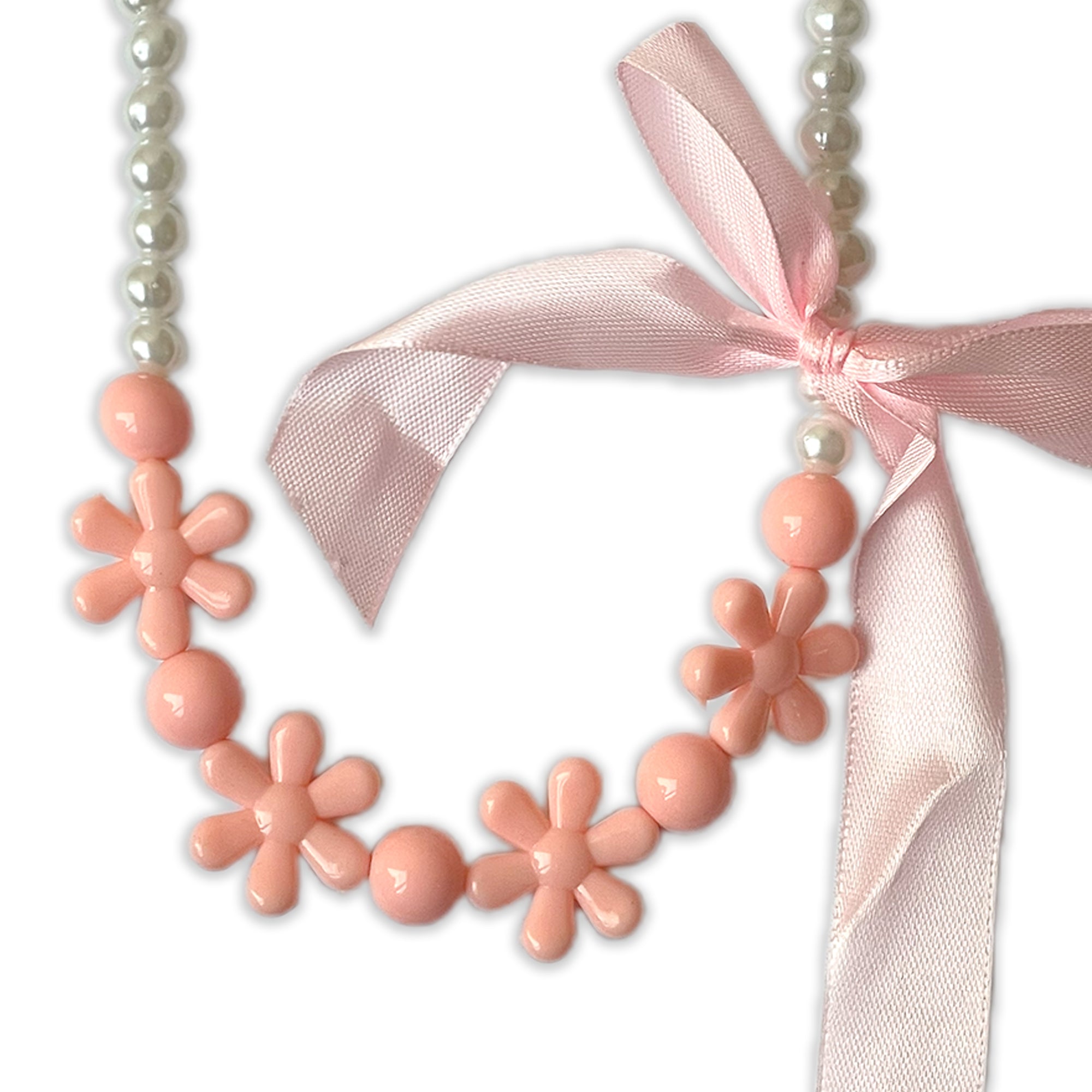 Children's Faux Pearl Necklace and Bracelet Set with Peach Flowers and Pink Bow