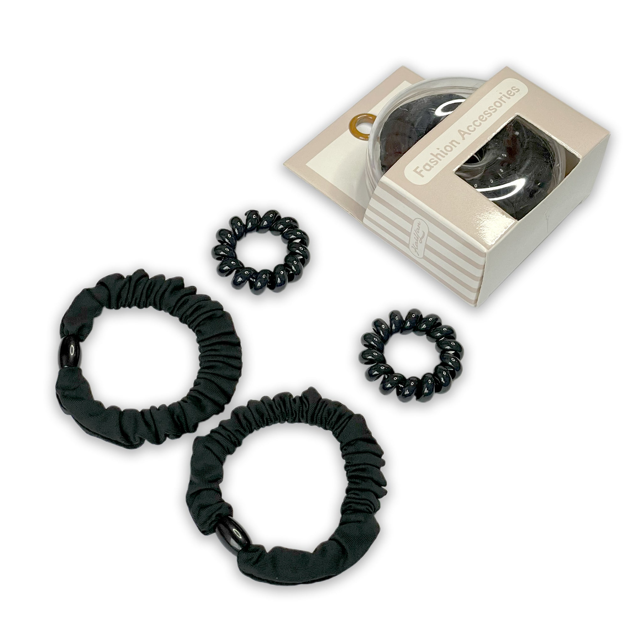 Set of Four Black Hair Ties: Fabric Scrunchies & Spiral Coils