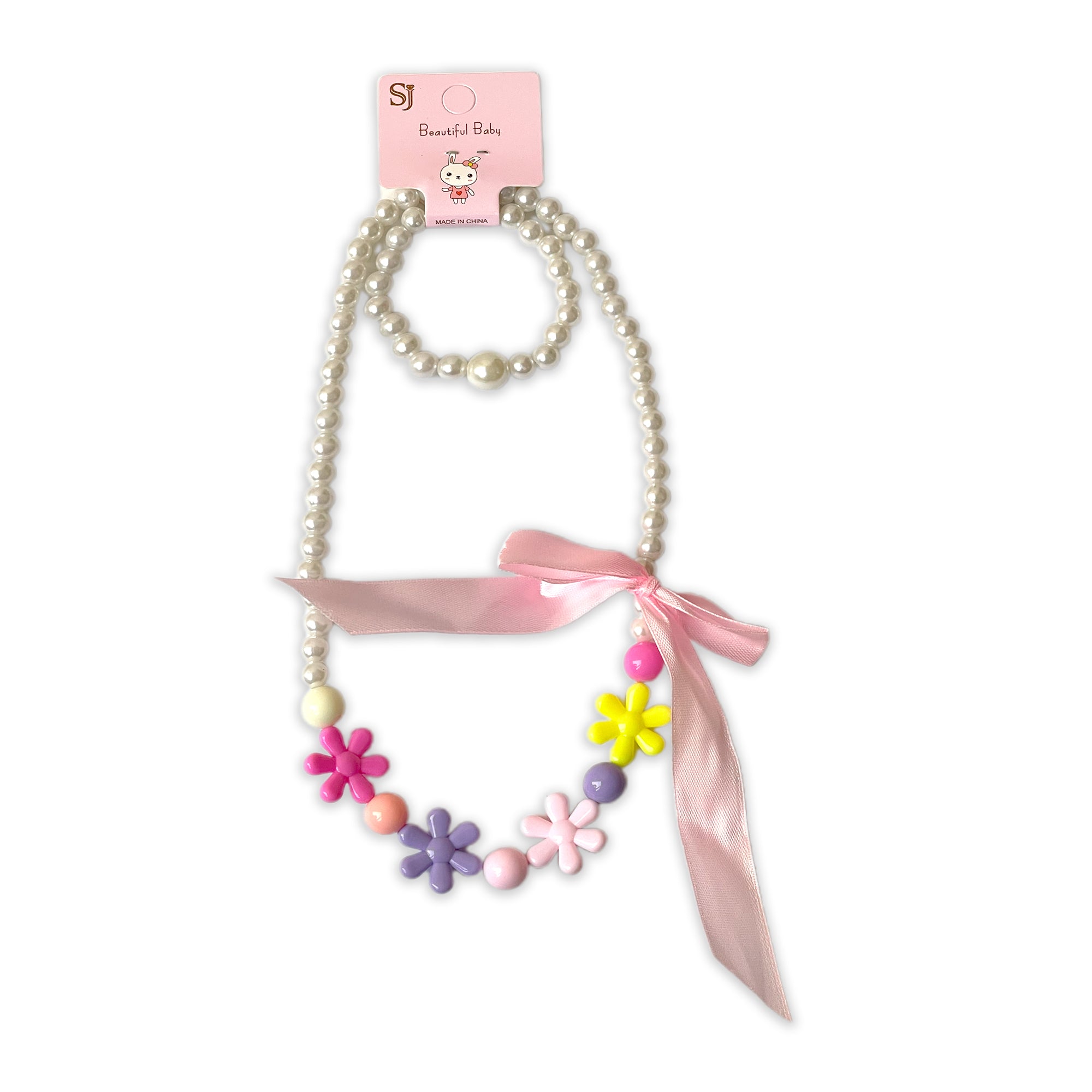 Children's Faux Pearl Necklace and Bracelet Set with Colorful Flowers and Pink Bow