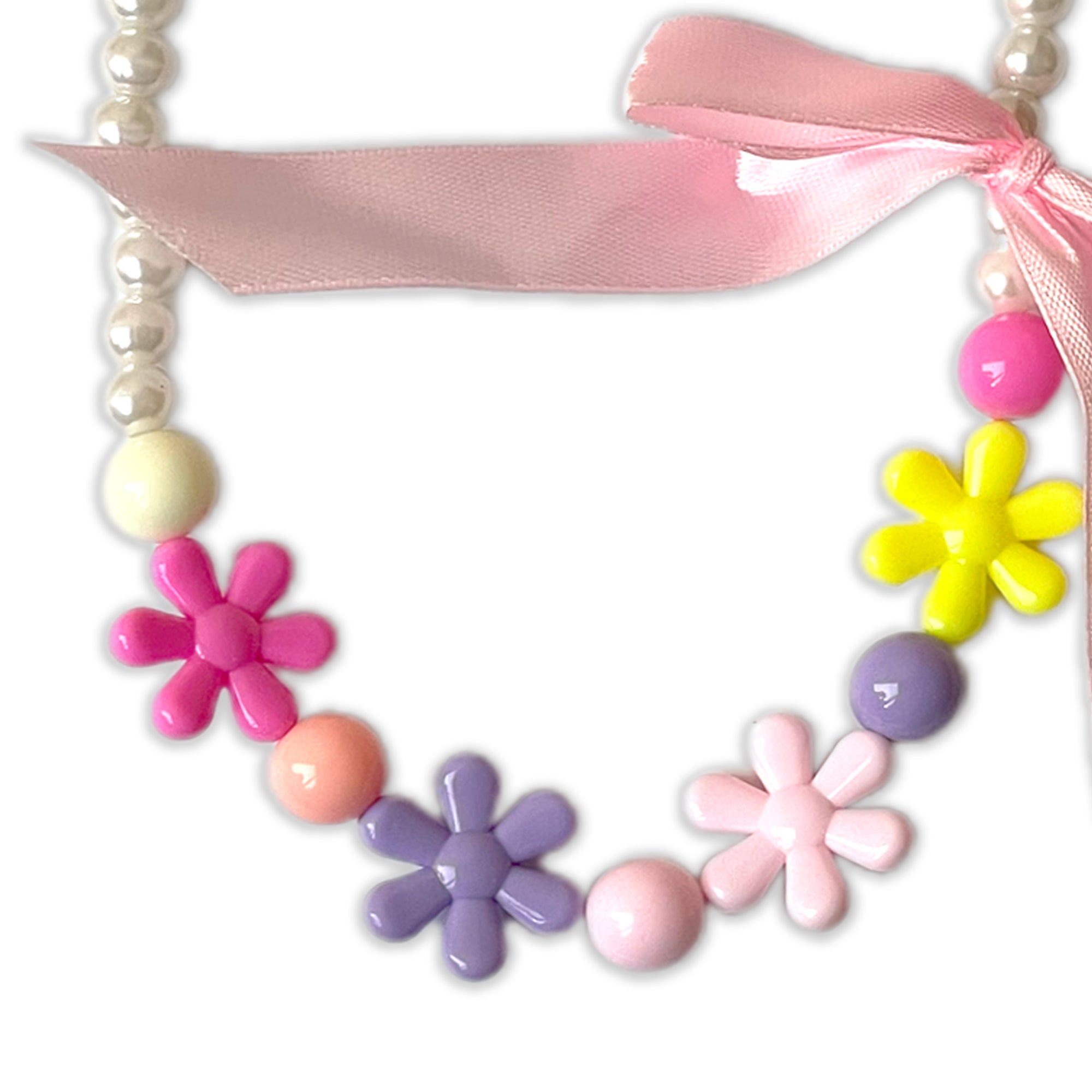 Children's Faux Pearl Necklace and Bracelet Set with Colorful Flowers and Pink Bow