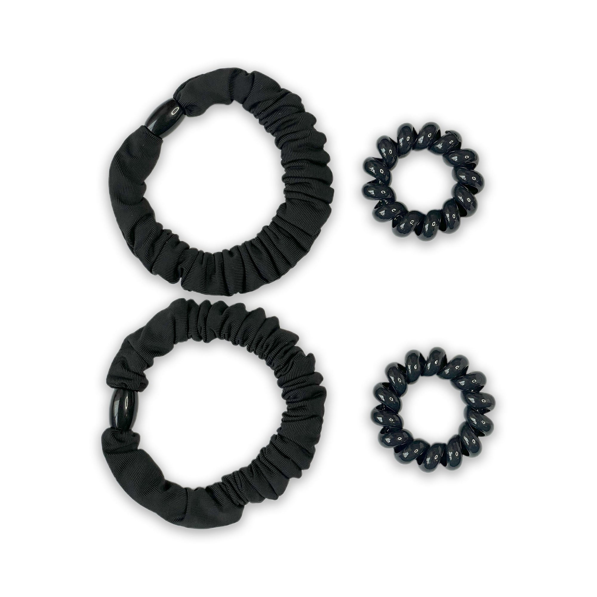 Set of Four Black Hair Ties: Fabric Scrunchies & Spiral Coils