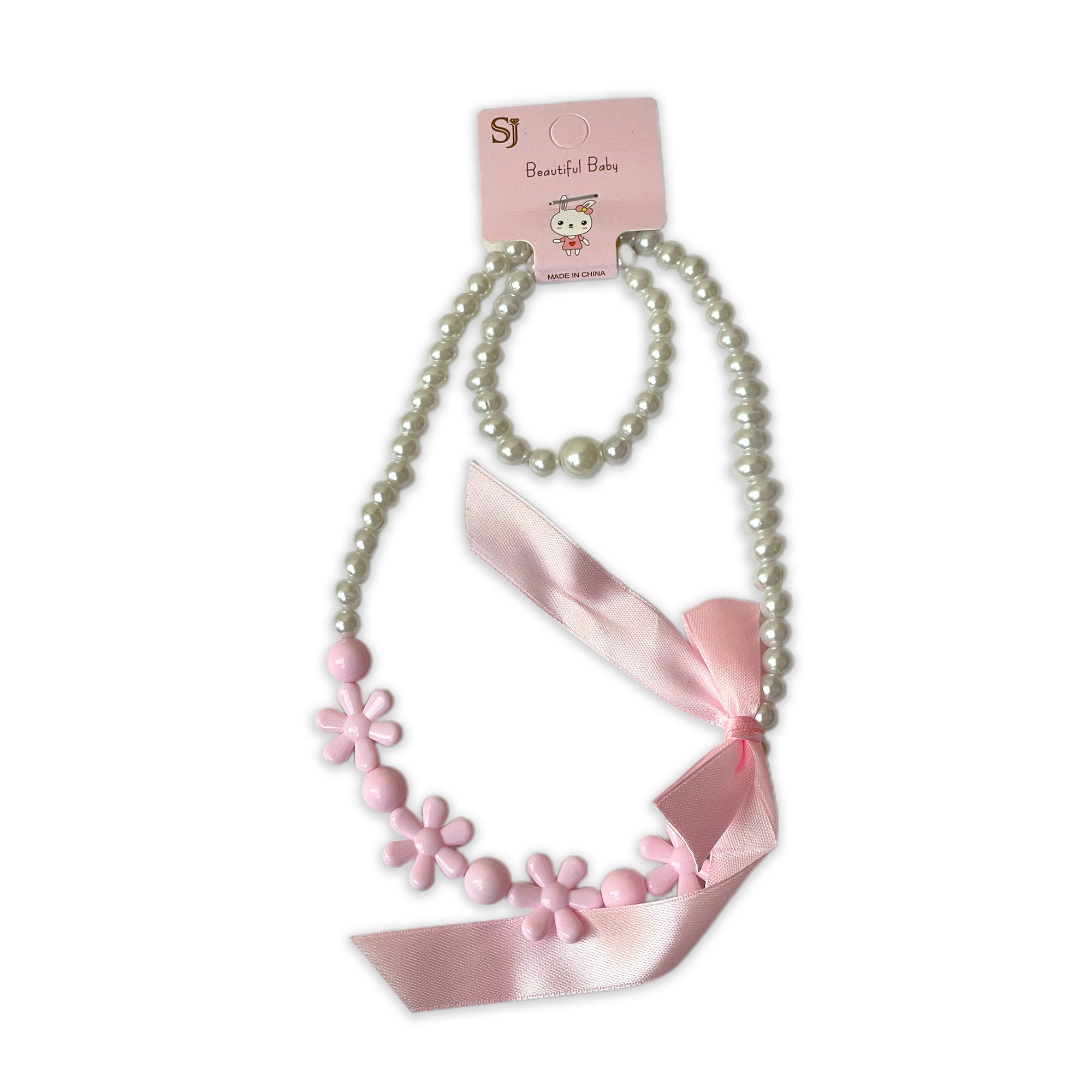 Children's Faux Pearl Necklace and Bracelet Set with Pink Flowers and Bow