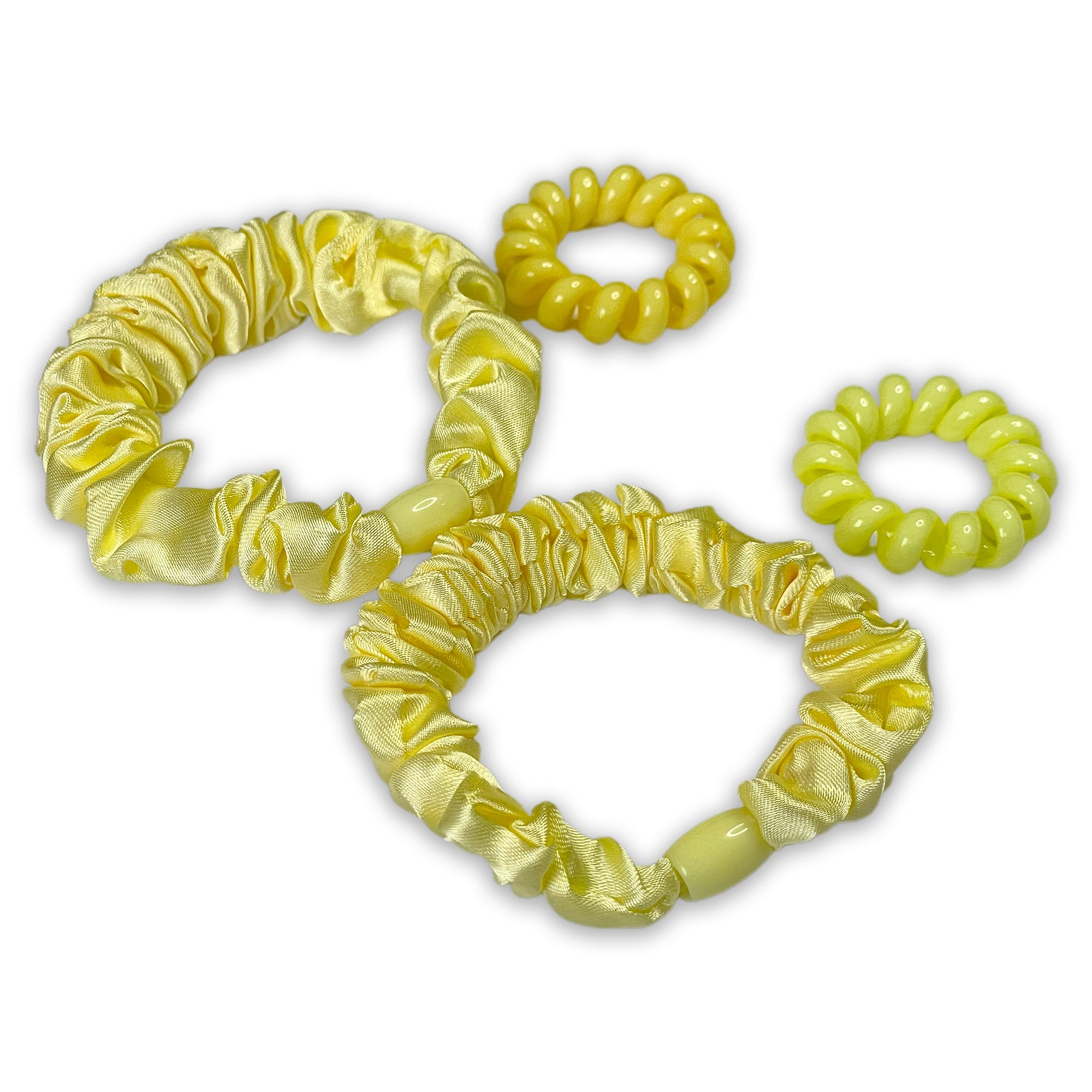 Set of Four Yellow Hair Ties: Silk Scrunchies & Spiral Coils