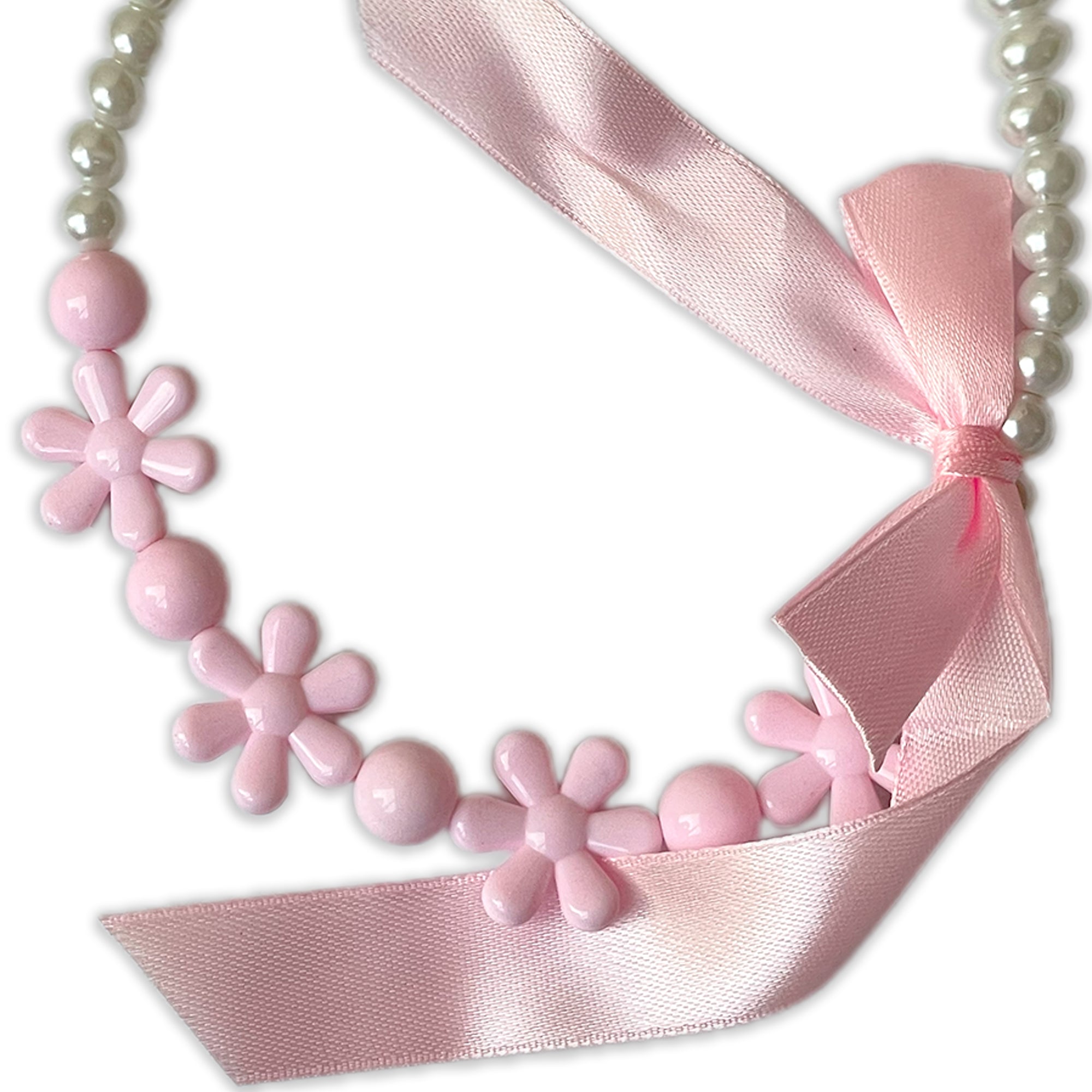 Children's Faux Pearl Necklace and Bracelet Set with Pink Flowers and Bow