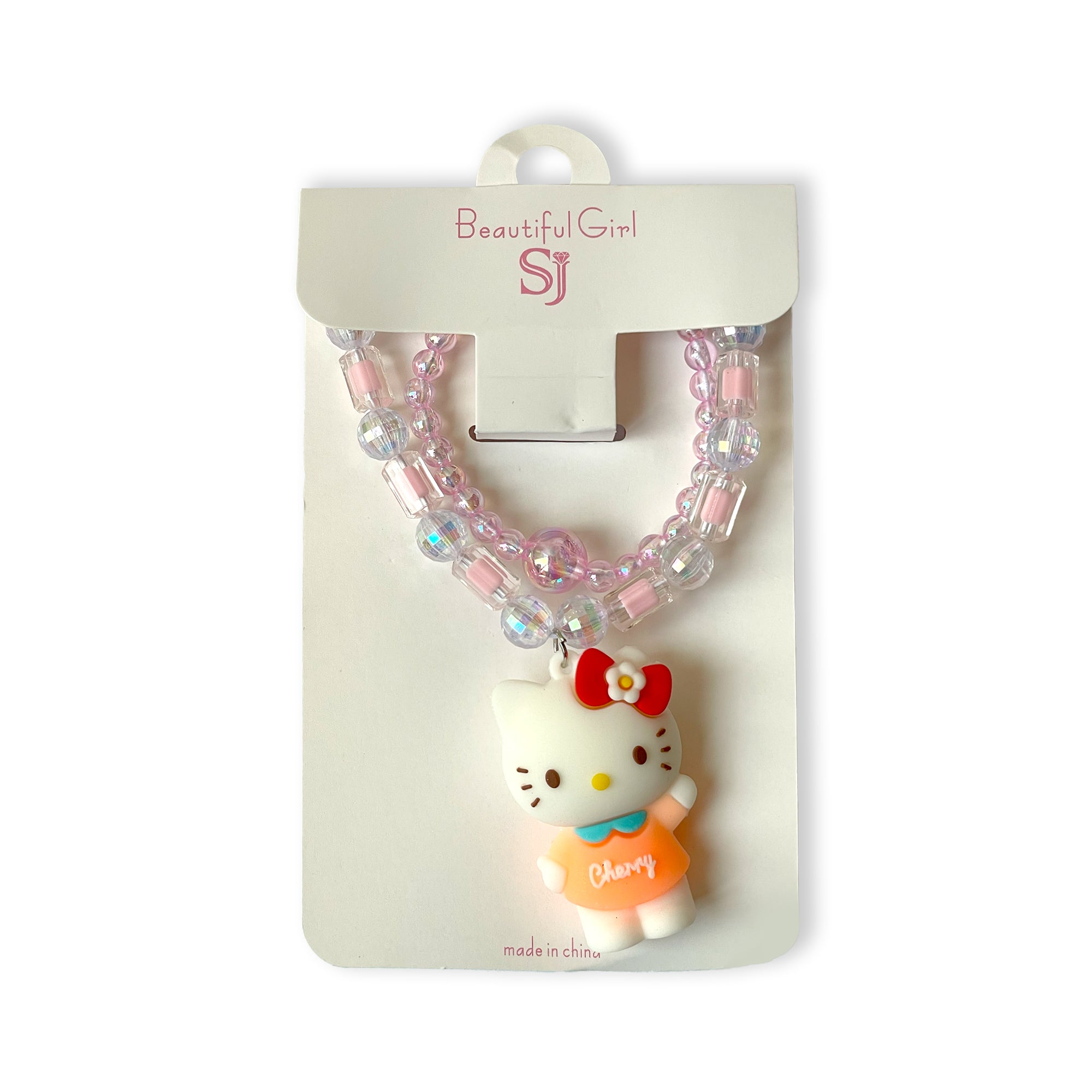 Children's Hello Kitty Necklace and Bracelet Set with Pink and Clear Beads
