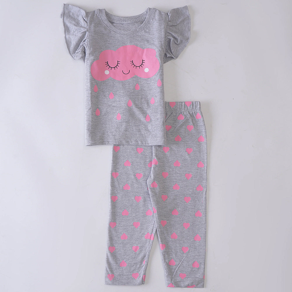 Dreamy Clouds: Gray Pajama Set with Pink Cloud and Rain Drops