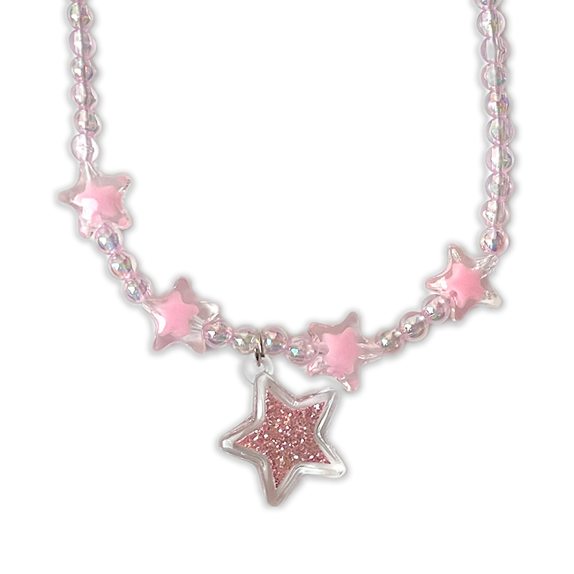 Children's Light Pink Beaded Necklace and Bracelet Set with Star Charms