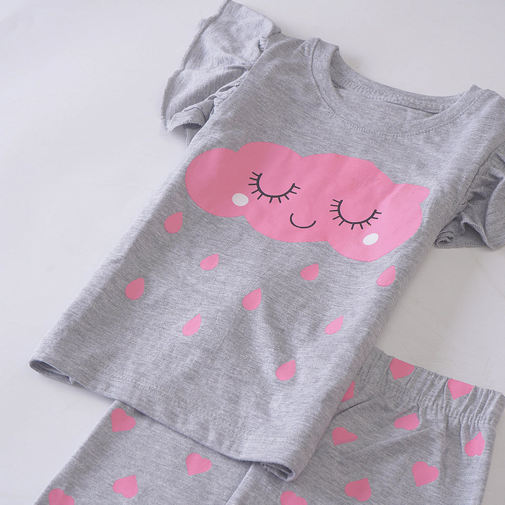 Dreamy Clouds: Gray Pajama Set with Pink Cloud and Rain Drops