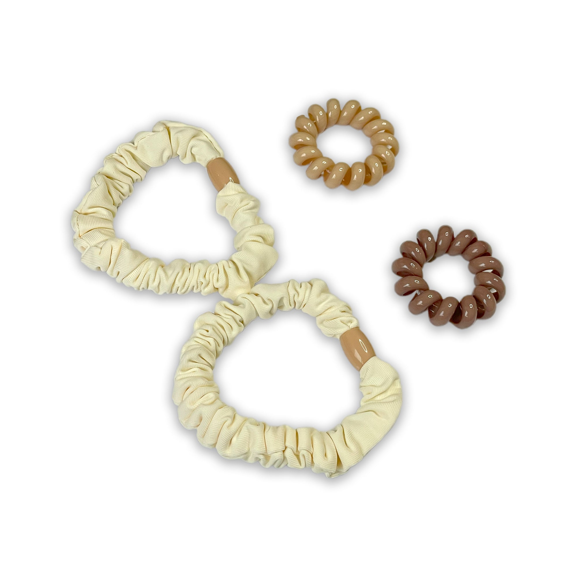 Set of Four Neutral Tone Hair Ties: Cream Scrunchies & Brown Spiral Coils