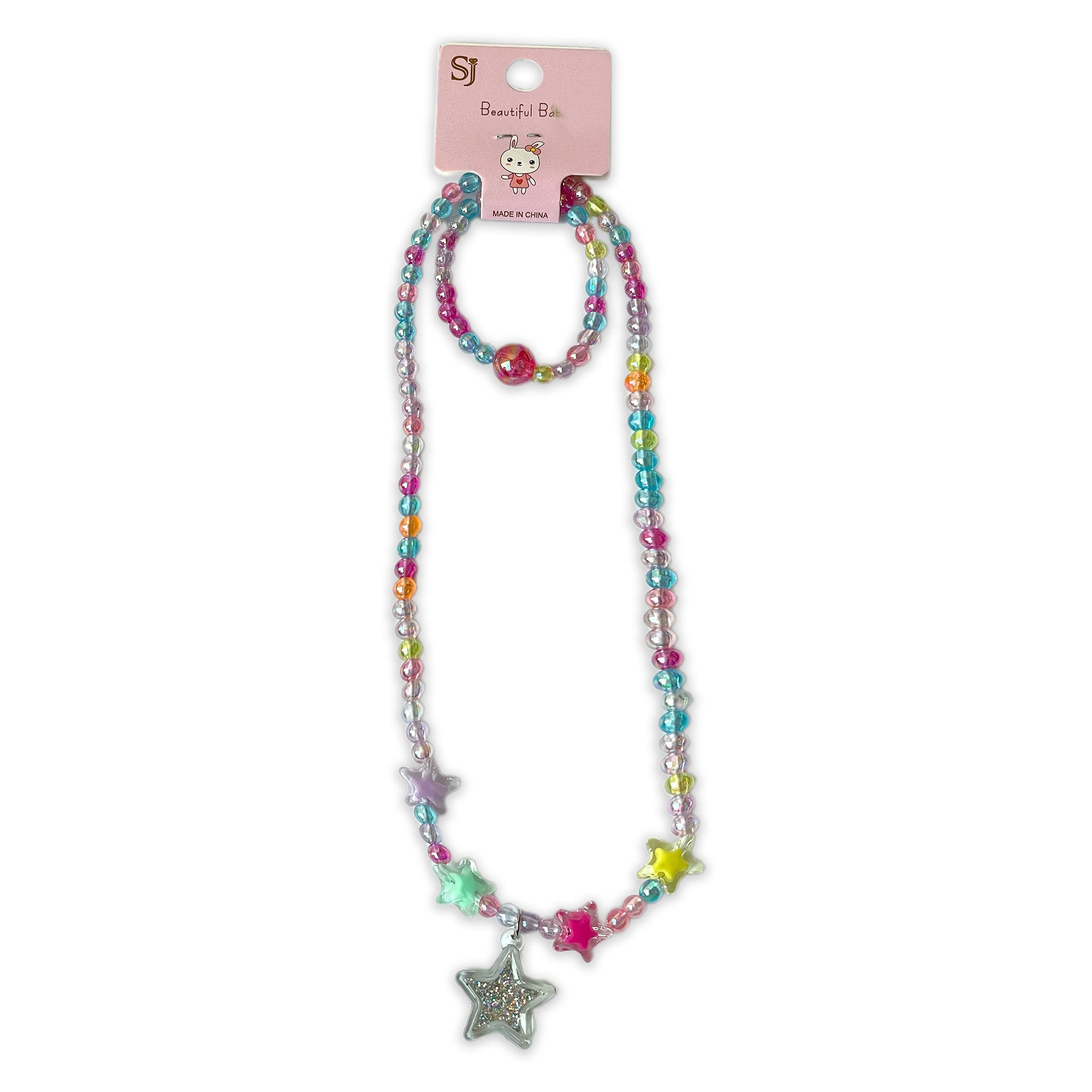 Children's Colorful Beaded Necklace and Bracelet Set with Star Charms