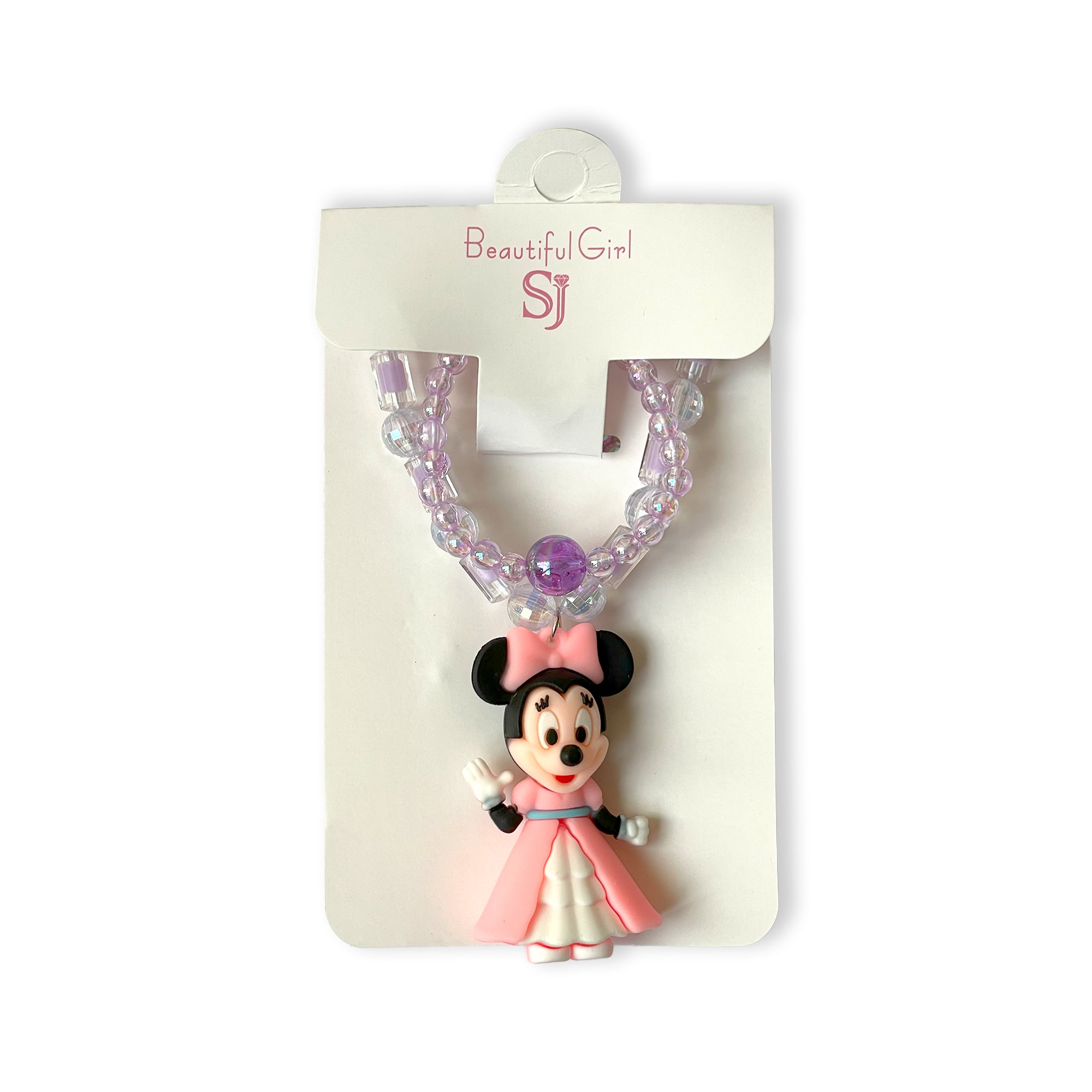 Children's Minnie Mouse Necklace and Bracelet Set with Purple and Pink Beads