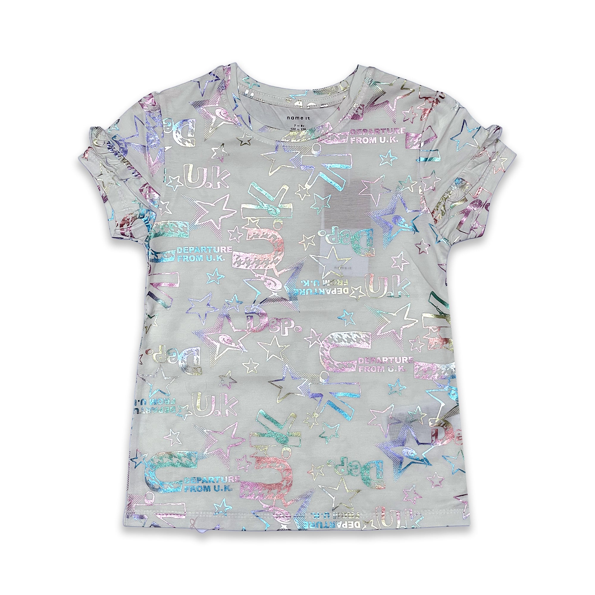Iridescent "U.K. Departure" Graphic T-Shirt with Ruffle Sleeves
