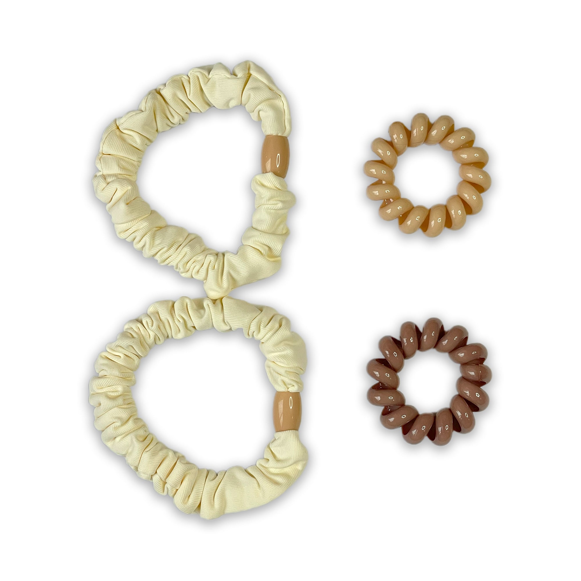 Set of Four Neutral Tone Hair Ties: Cream Scrunchies & Brown Spiral Coils