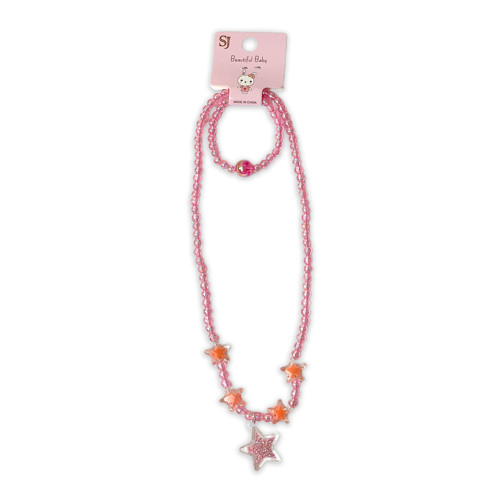Children's Pink Beaded Necklace and Bracelet Set with Star Charms