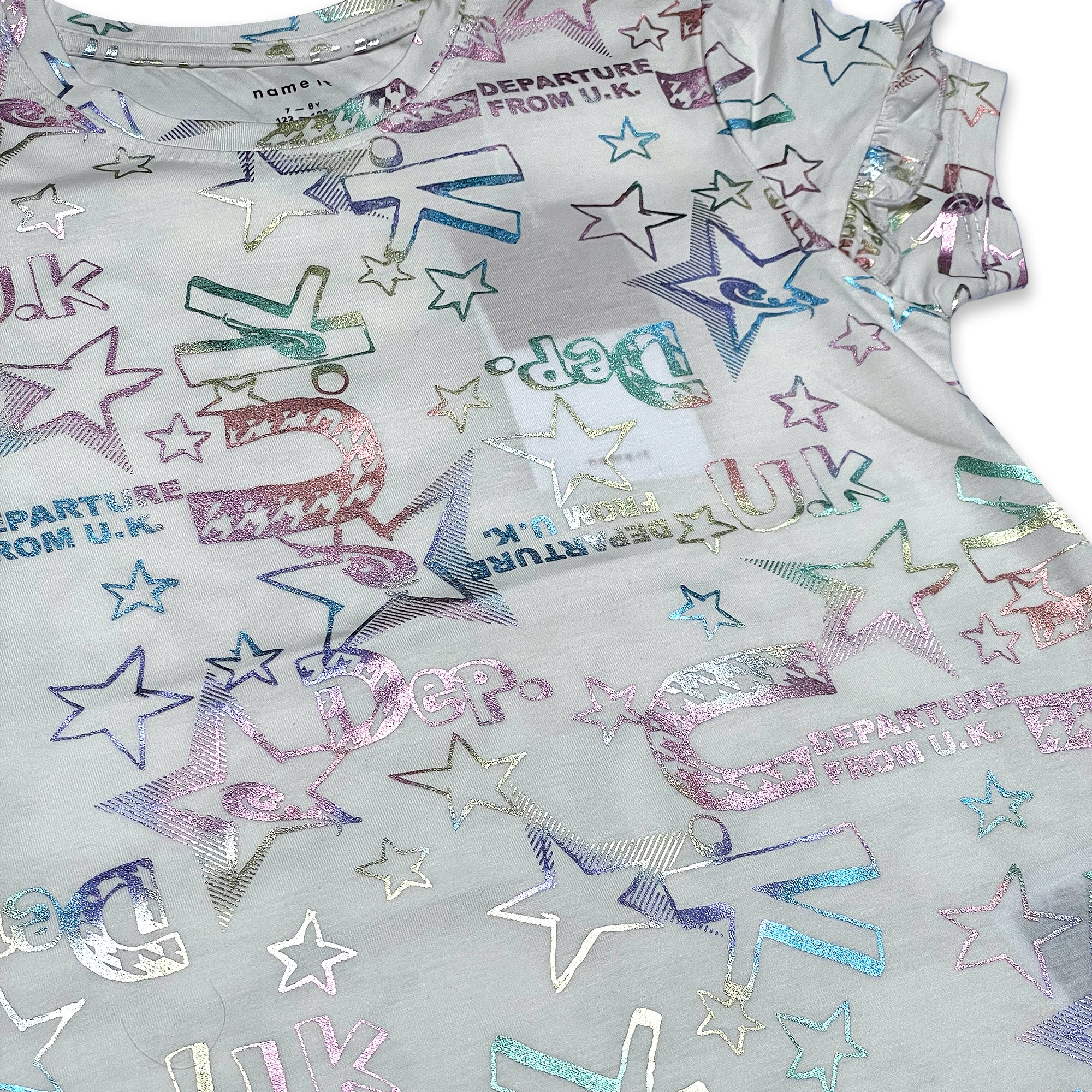 Iridescent "U.K. Departure" Graphic T-Shirt with Ruffle Sleeves