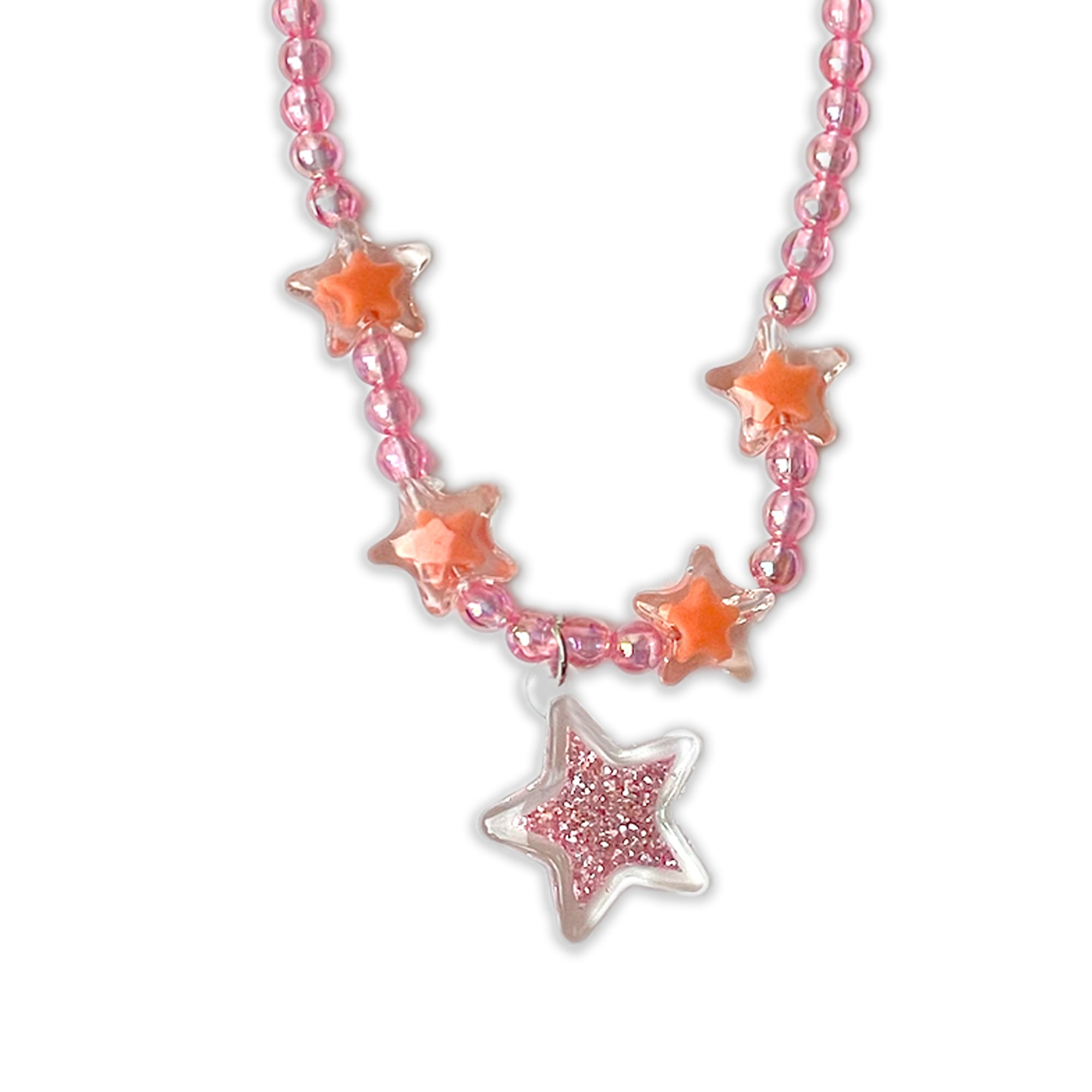 Children's Pink Beaded Necklace and Bracelet Set with Star Charms