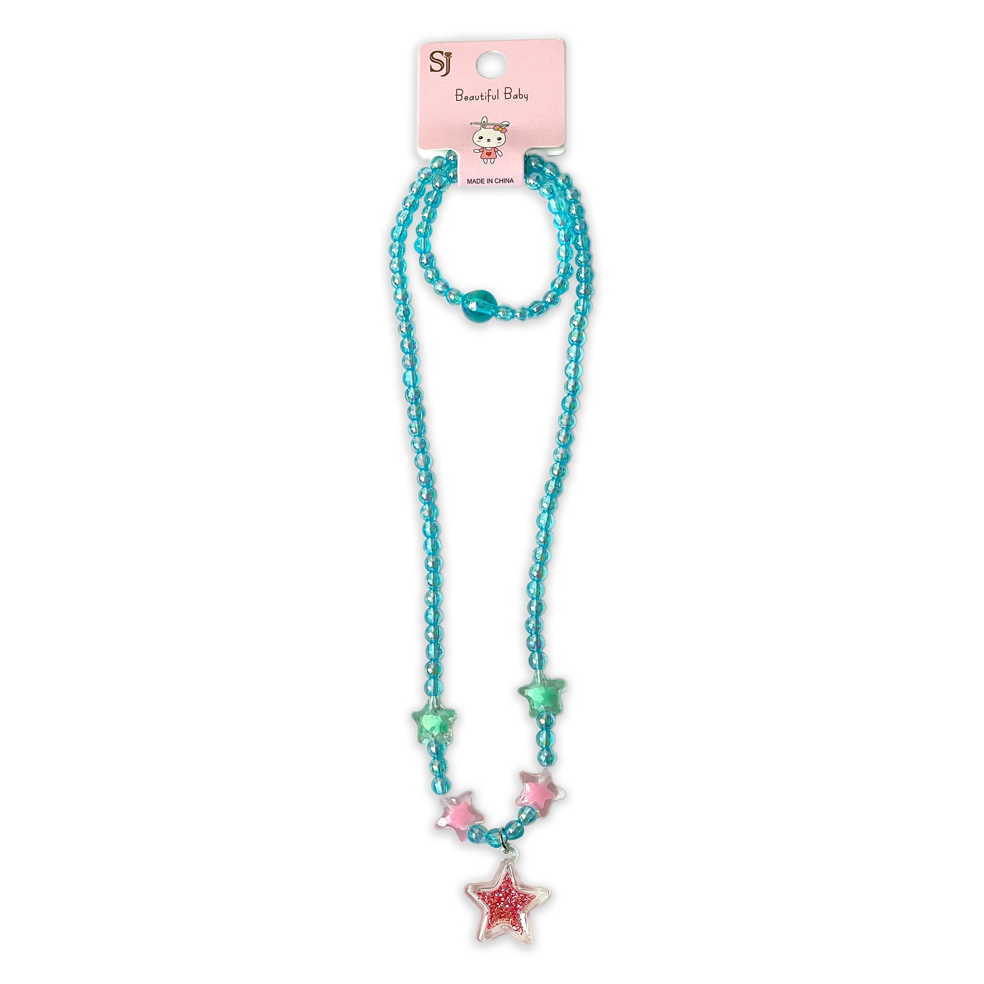 Children's Blue Beaded Necklace and Bracelet Set with Star Charms