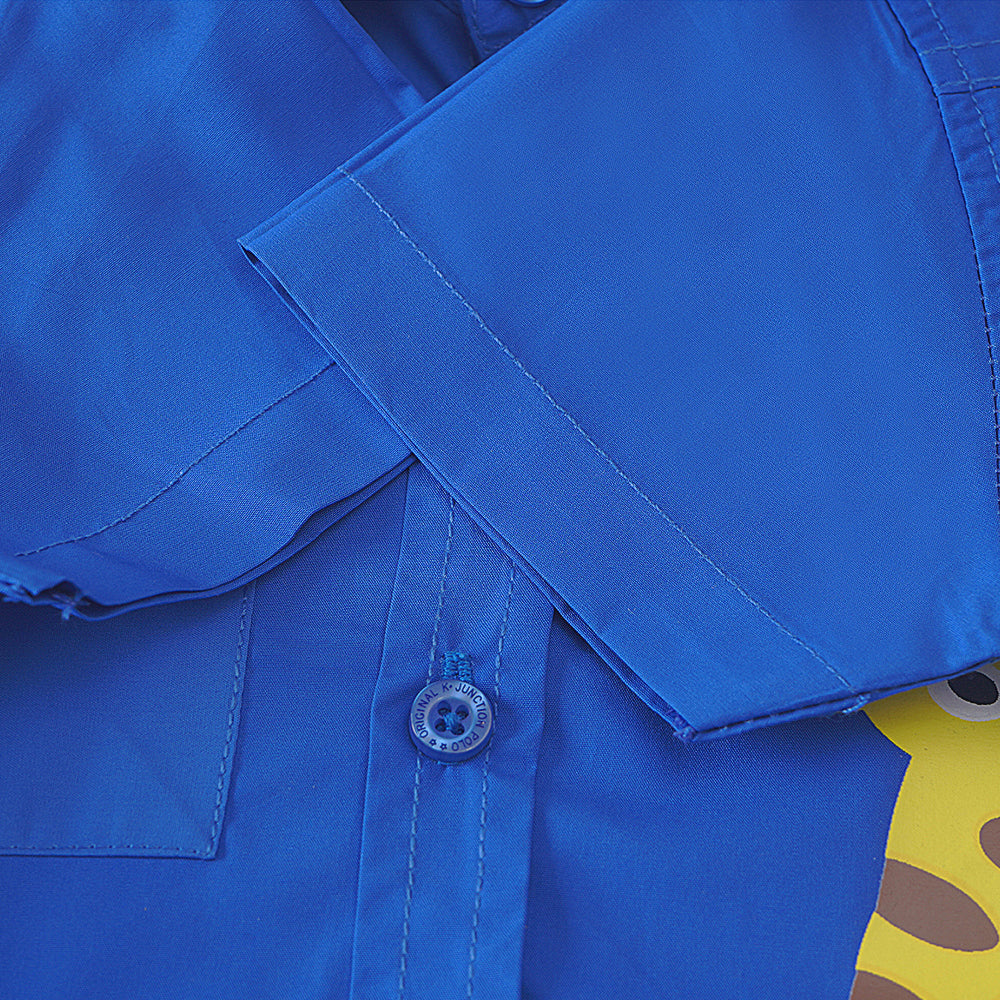 Playful Prep: Bright Blue Button-Down Shirt with Giraffe Applique and Text Detail