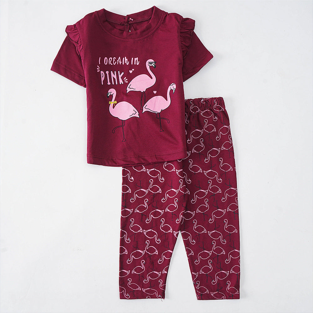 Flamingo Dreams: Maroon Pajama Set with Ruffled Sleeves