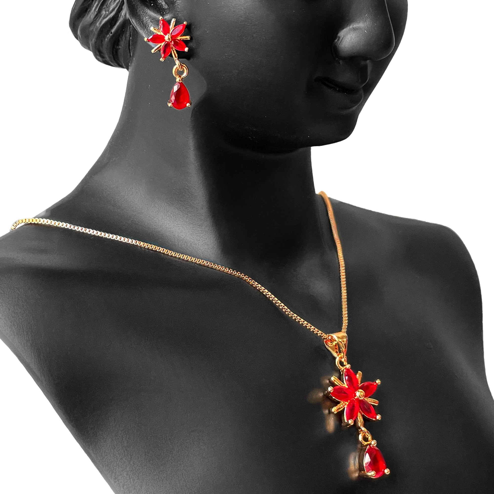 Earring and Necklace Vibrant Ruby Floral Drop Jewelry Set