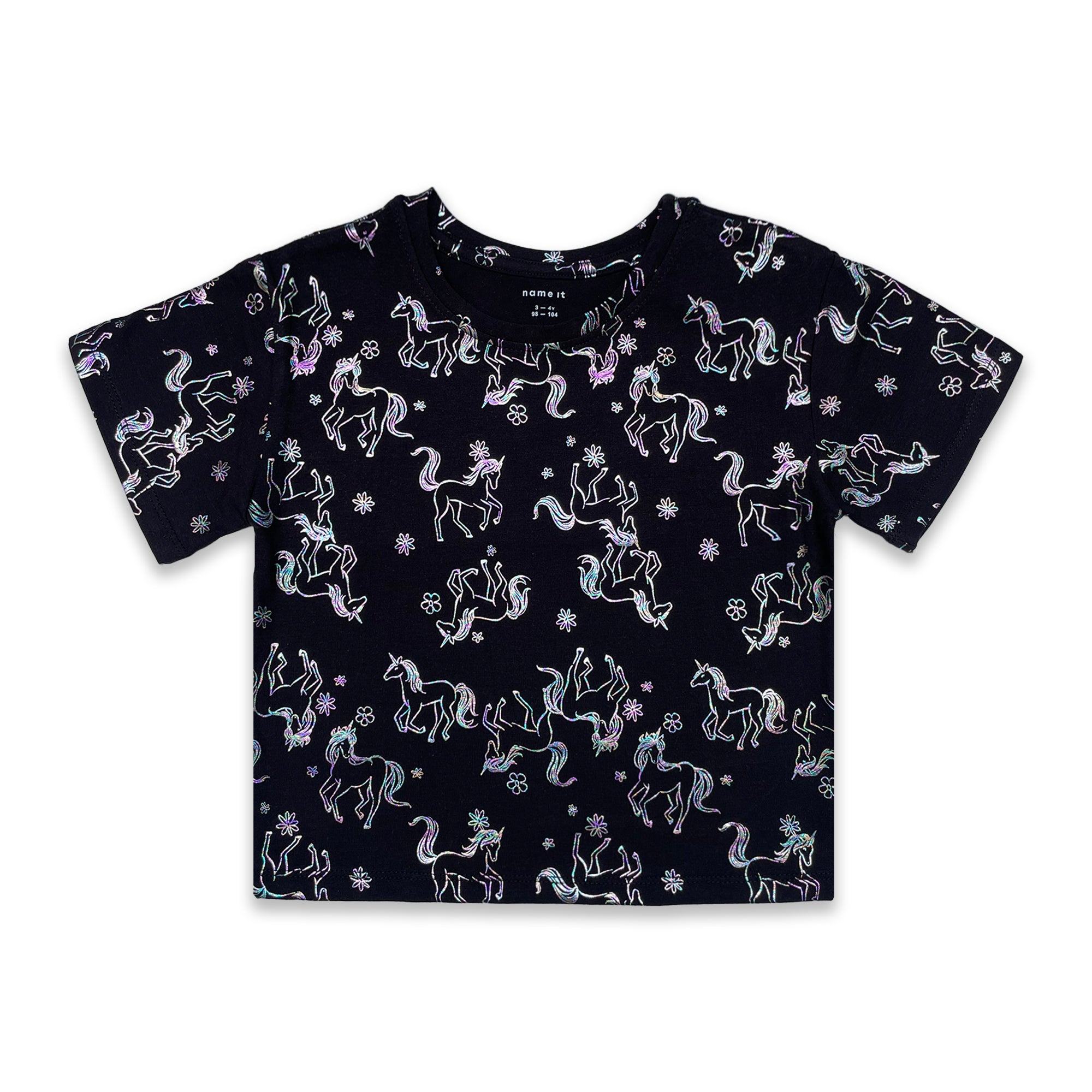 Girls' Black Iridescent Unicorn & Flower Print T-Shirt