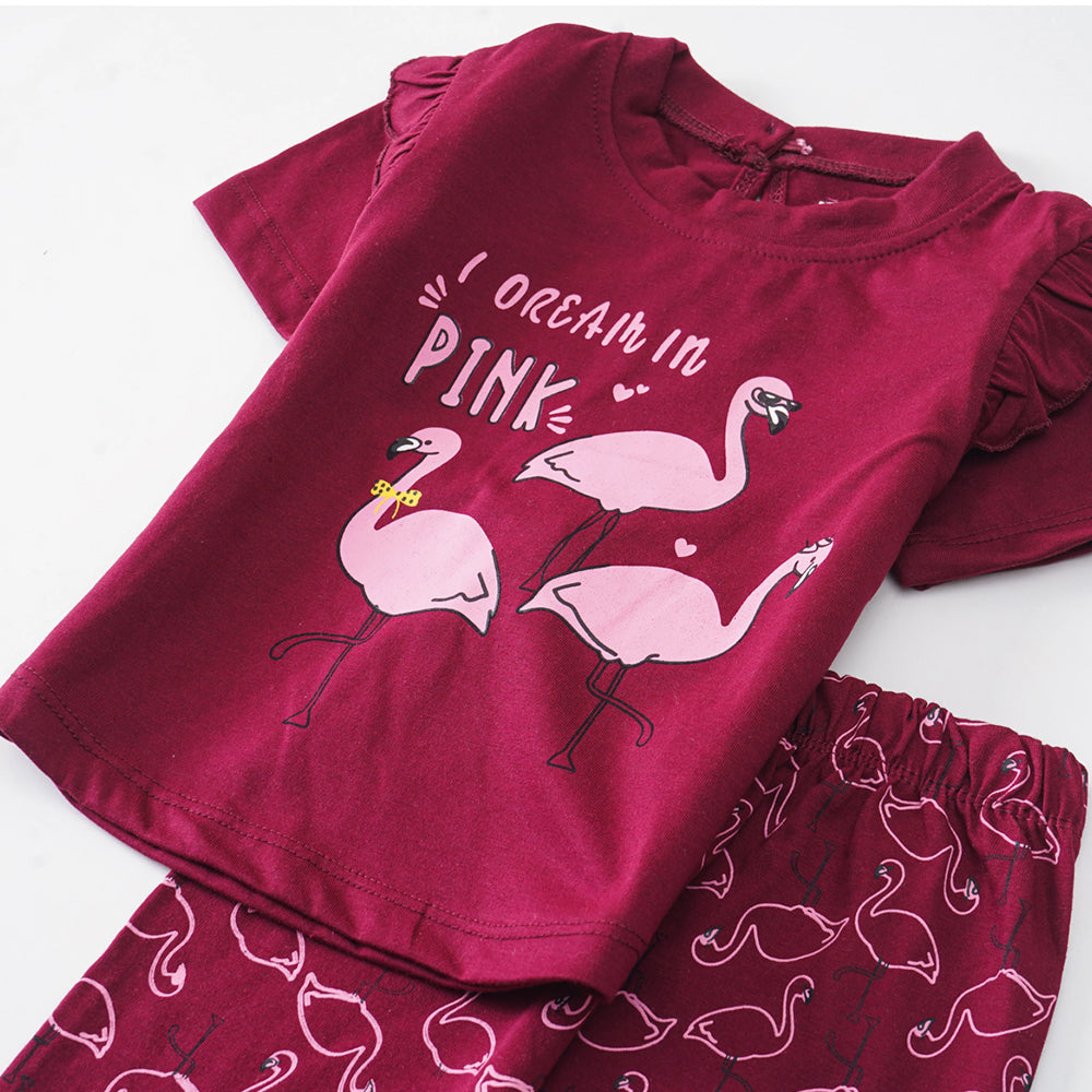Flamingo Dreams: Maroon Pajama Set with Ruffled Sleeves