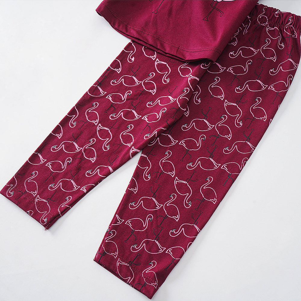 Flamingo Dreams: Maroon Pajama Set with Ruffled Sleeves