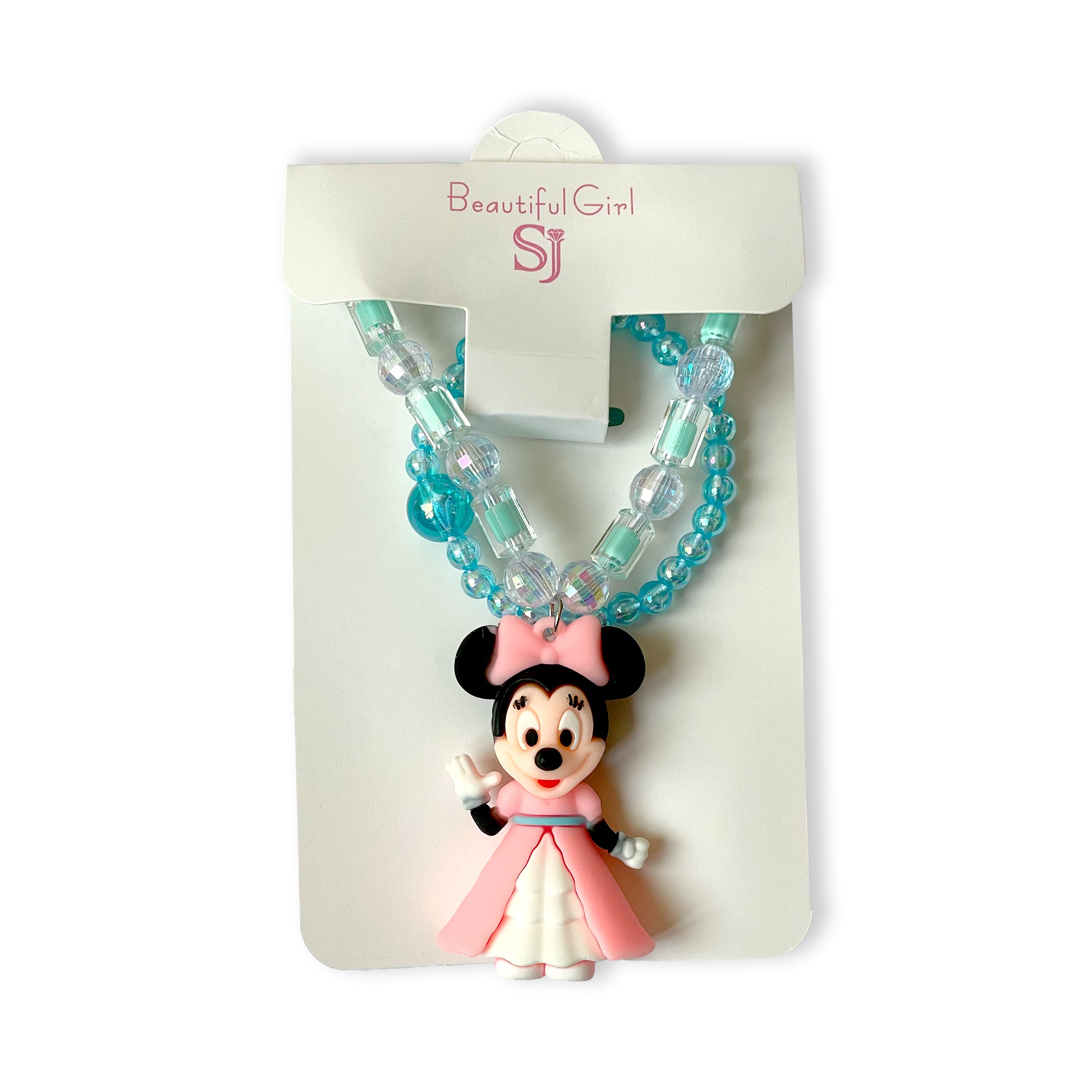 Children's Minnie Mouse Necklace and Bracelet Set with Blue and Pink Beads