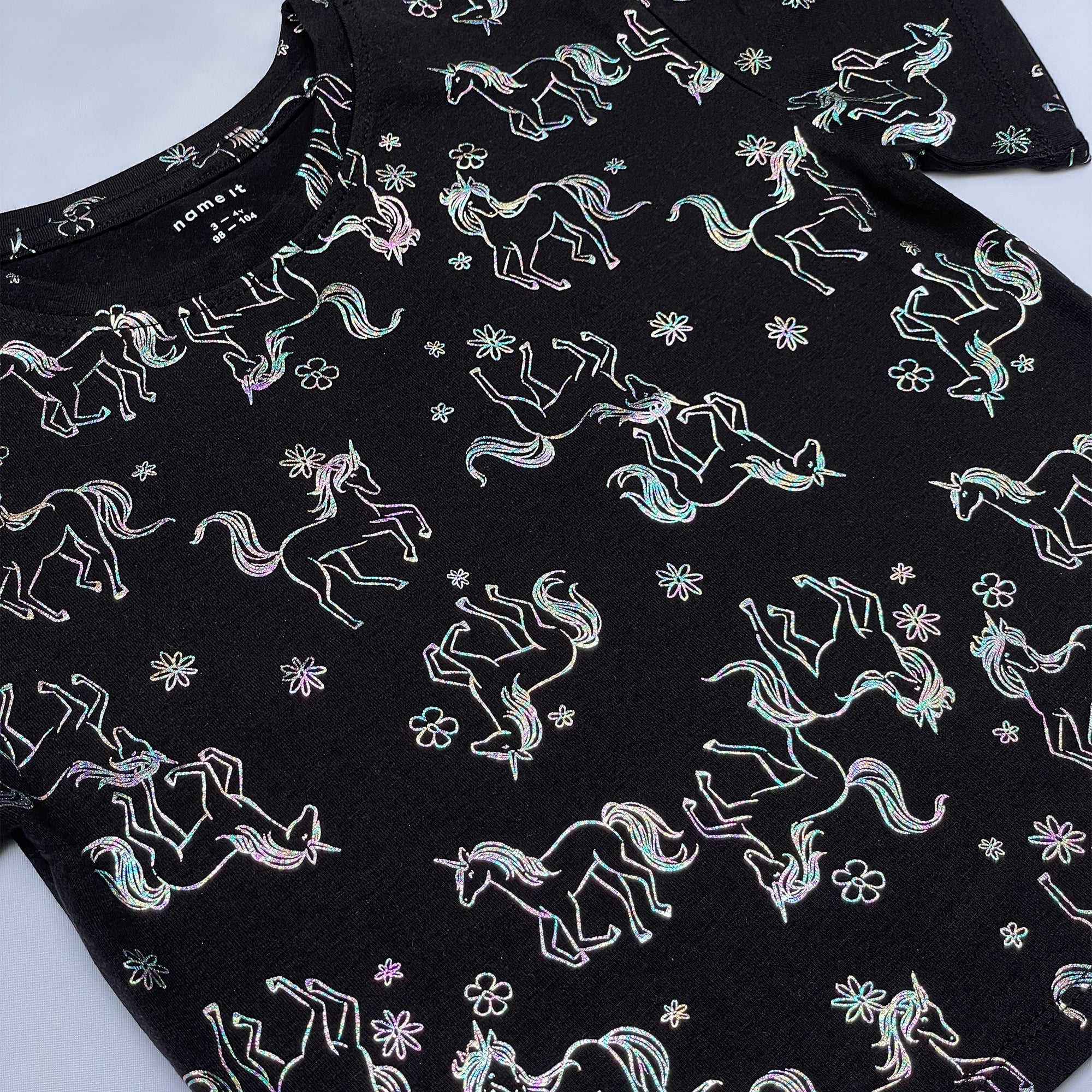 Girls' Black Iridescent Unicorn & Flower Print T-Shirt
