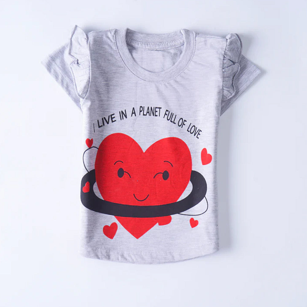 Love Planet: Light Gray T-Shirt with Heart Graphic and Ruffled Sleeves