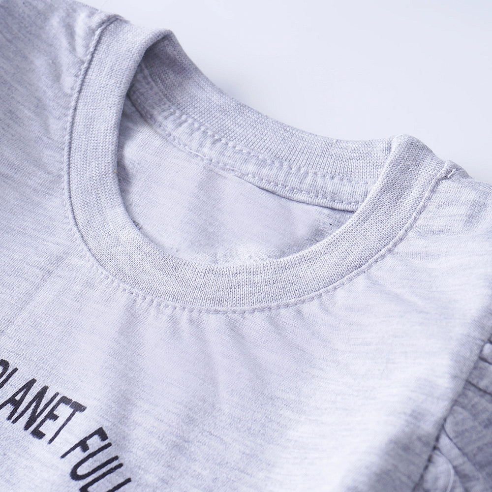 Love Planet: Light Gray T-Shirt with Heart Graphic and Ruffled Sleeves