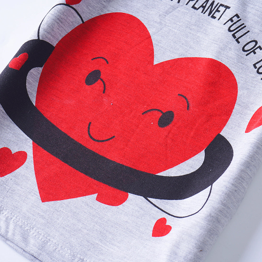 Love Planet: Light Gray T-Shirt with Heart Graphic and Ruffled Sleeves