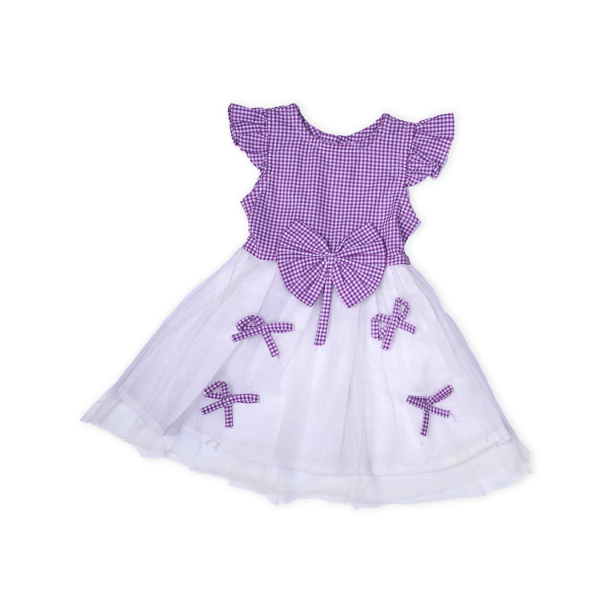 Lilac Dreams: Whimsical Baby Girl Dress with Gingham Bodice and Bow Accents