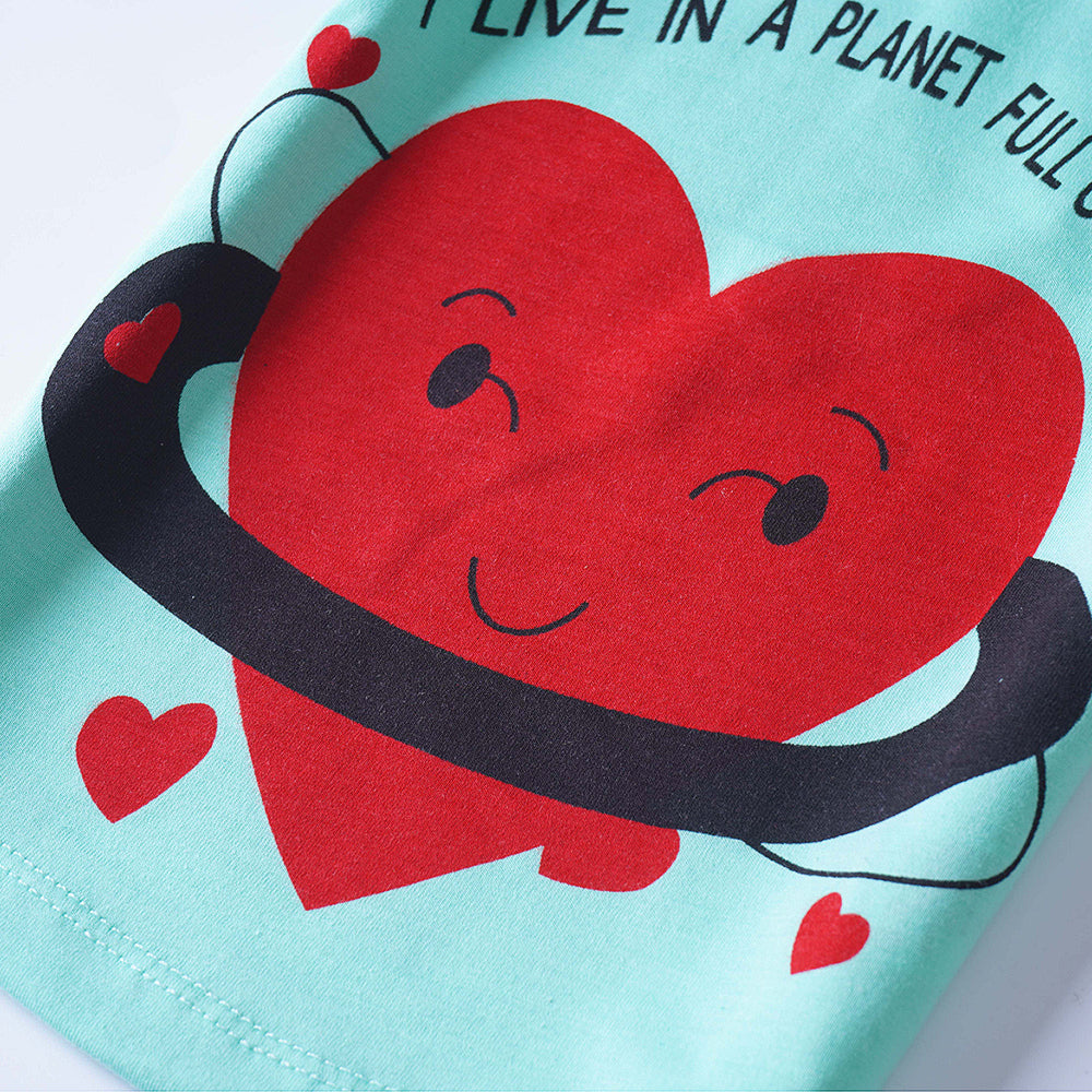 Love Planet: Light Blue-Green T-Shirt with Heart Graphic and Ruffled Sleeves