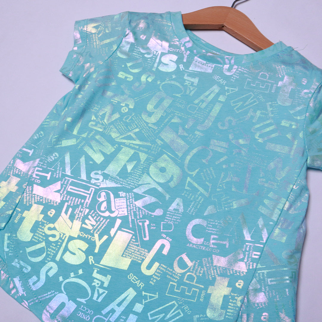 Girls' Iridescent Blue & Green Alphabet Print T-Shirt