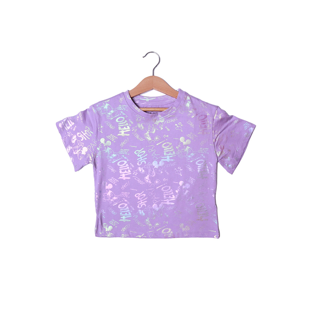 Girls' Lilac "Hello" & "Shop" Iridescent Print Crop Top