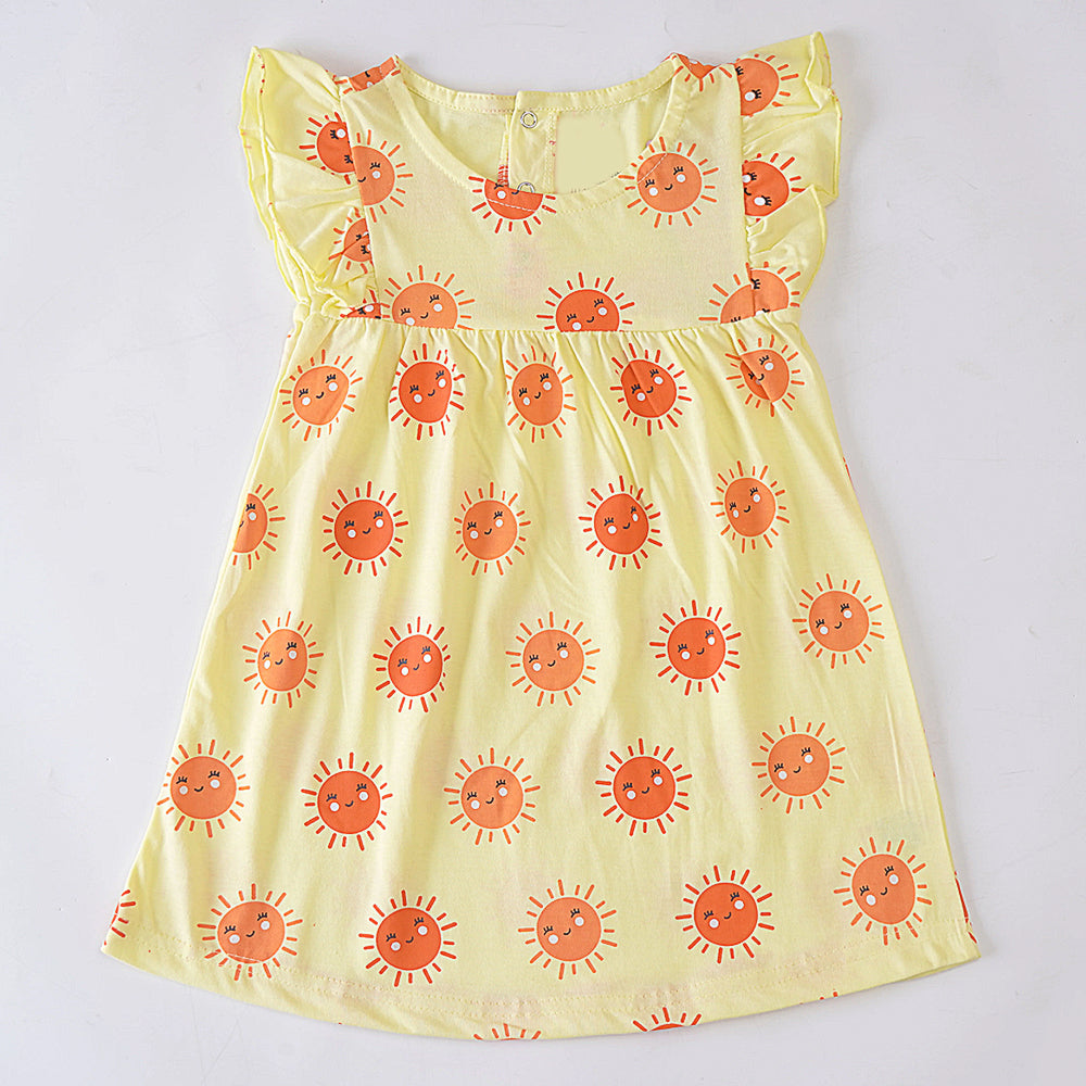 Sunshine Smiles: Light Yellow Dress with Sun Print and Ruffled Sleeves