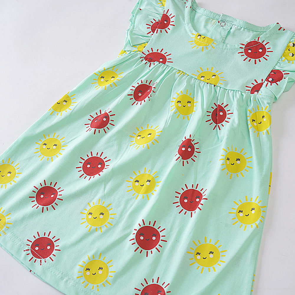 Sunny Days: Light Green Dress with Sun Print and Ruffled Sleeves