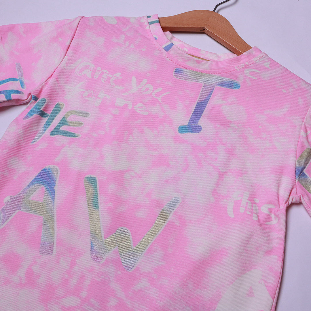 Girls' Pink Tie-Dye T-Shirt with Iridescent "The Law" Print
