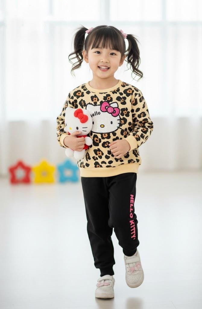 Adorable Girls' Hello Kitty Leopard Print Sweatshirt & Black Jogger Set